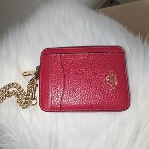 Coach Pebbled Red Leather Zip Card Case,  Chain Wrist Strap with Dogleash Clip